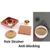 Invisible Shower Floor Drain Tile Insert 4 Inch Square Shower Floor Drain Removable Cover, Brass Bathroom Drainer with Hair Strainer for Kitchen Washroom Garage Basement(Rose Gold) view 3