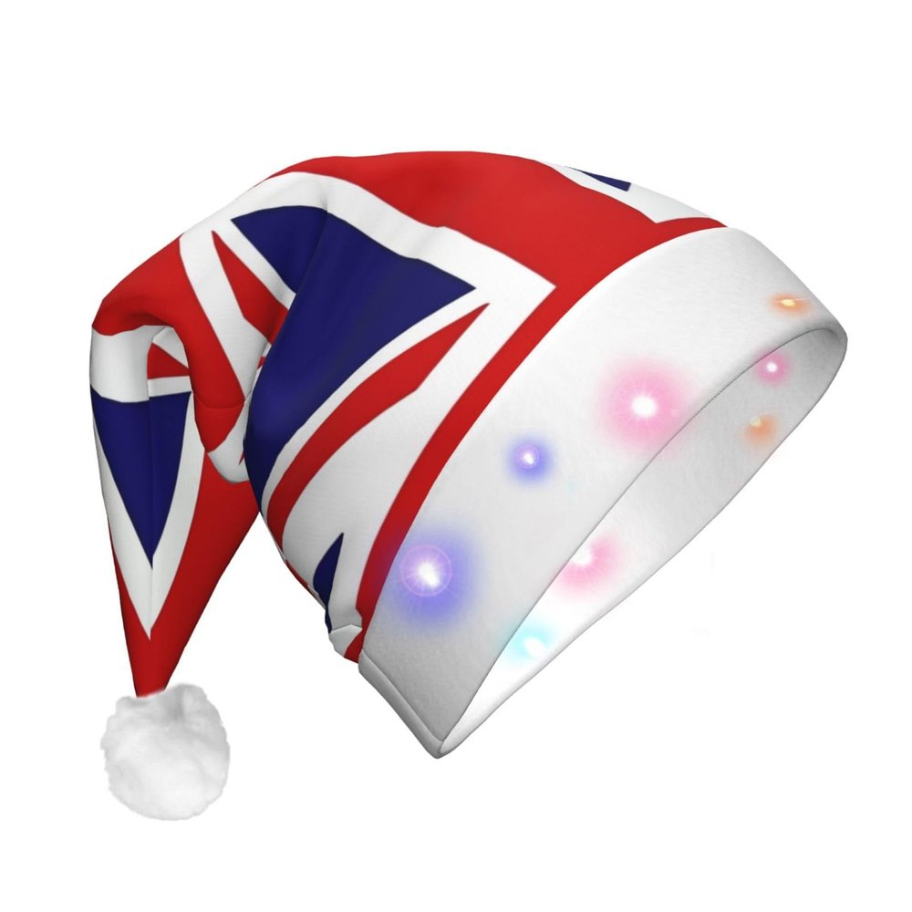 WBQLSL UK Flag LED Christmas hat for adults, New Year Christmas party gifts, unisex Christmas plush Christmas hat with LED lights,