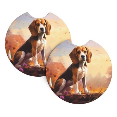 Car Interior Absorbent Coasters 2 Pack, Nerdy Beagle Car Drink Coasters, Auto Accessories, 2.7 Inch Diameter, Fits Trucks Cars SUVs