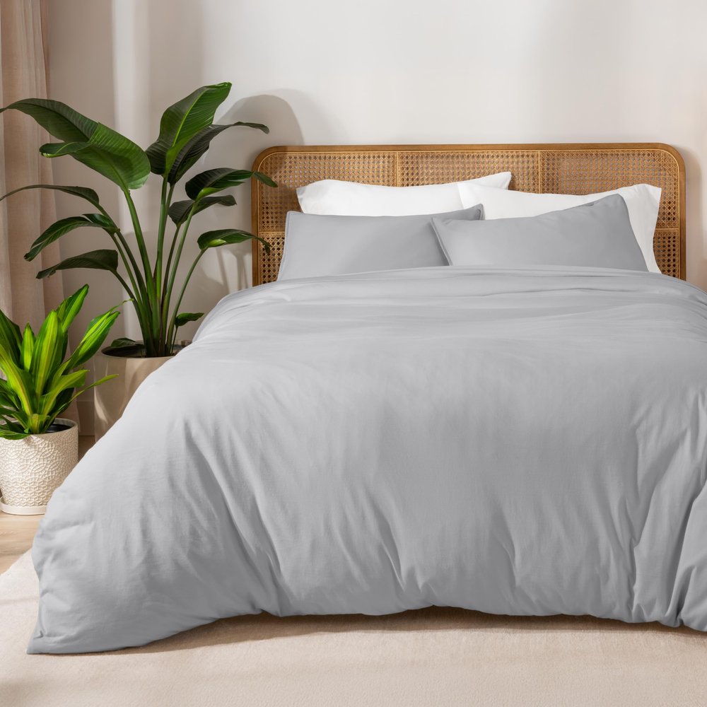 Bare Home 100% Organic Cotton Jersey Duvet Cover Set - Full/Queen Size - Ultra Soft - 100% Cotton - 3pcs - Corner Ties - Button Closure - Bedding Duvet Cover & Pillow Shams (Full/Queen, Light Grey)