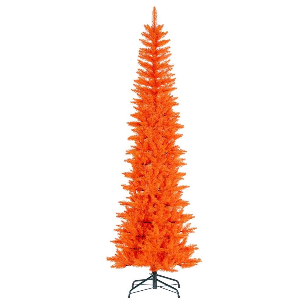 Vickerman 9.5' x 42" Orange Pencil Artificial Unlit Christmas Tree. It Measures 114 inches Tall, and 28 inches Wide, which is considered a Pencil Profile.