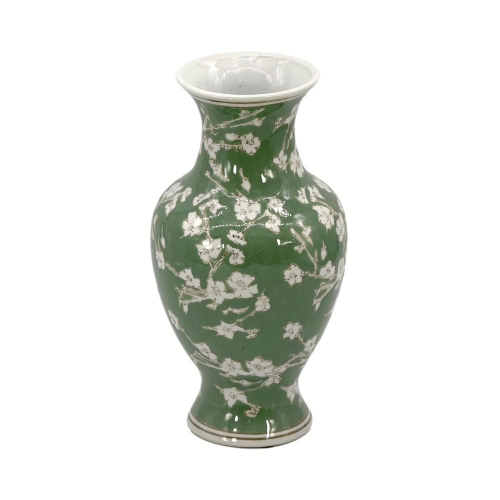 Galt International Floral Chinoiserie Ceramic Vase 14" - Green Sakura Hand Painted Antique Style Porcelain Flower Bottle Fishtail Porcelain Chinese Vase for Home Decor Centerpiece