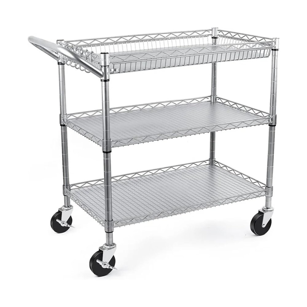 Bustards Mobile Shelving Heavy Duty 3 Tier Utility Cart,990Lbs Capacity Wire Rolling Cart with Wheels, Commercial Grade Service Cart with Shelving Liners Kitchen Utility Cart