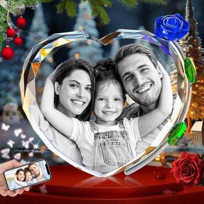 CLOUDAO 3D Crystal Photo with Blue Rose, Christmas Personalized Gifts for Women, Wife, Her, Mom, Men, Him, Dad, Grandpa, Grandma, Custom Gift, Customized Glass 3D Laser Etched Picture Memorial, Heart