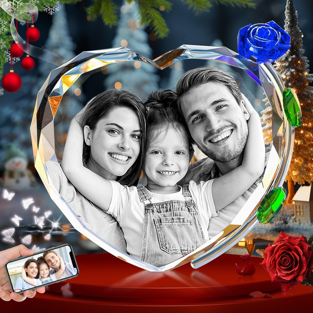 CLOUDAO 3D Crystal Photo with Blue Rose, Christmas Personalized Gifts for Women, Wife, Her, Mom, Men, Him, Dad, Grandpa, Grandma, Custom Gift, Customized Glass 3D Laser Etched Picture Memorial, Heart