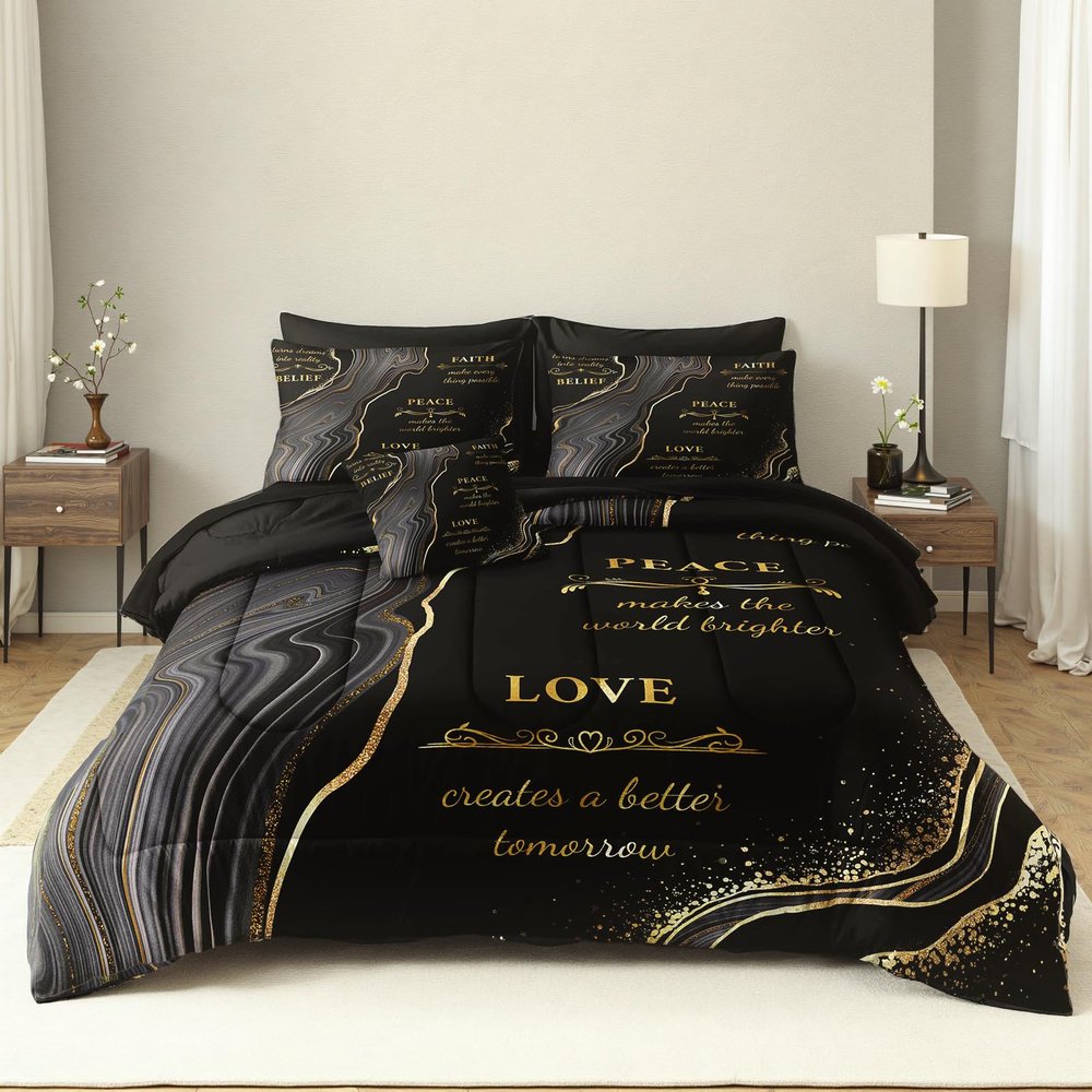 Herside Marble Queen Comforter Set with Sheets,8 Pieces Black and Gold Queen Bed in a Bag Set,Inspirational Positive Energy Words Quilt Set,Modern Marble Texture Luxury Bedding Set for All Seasons