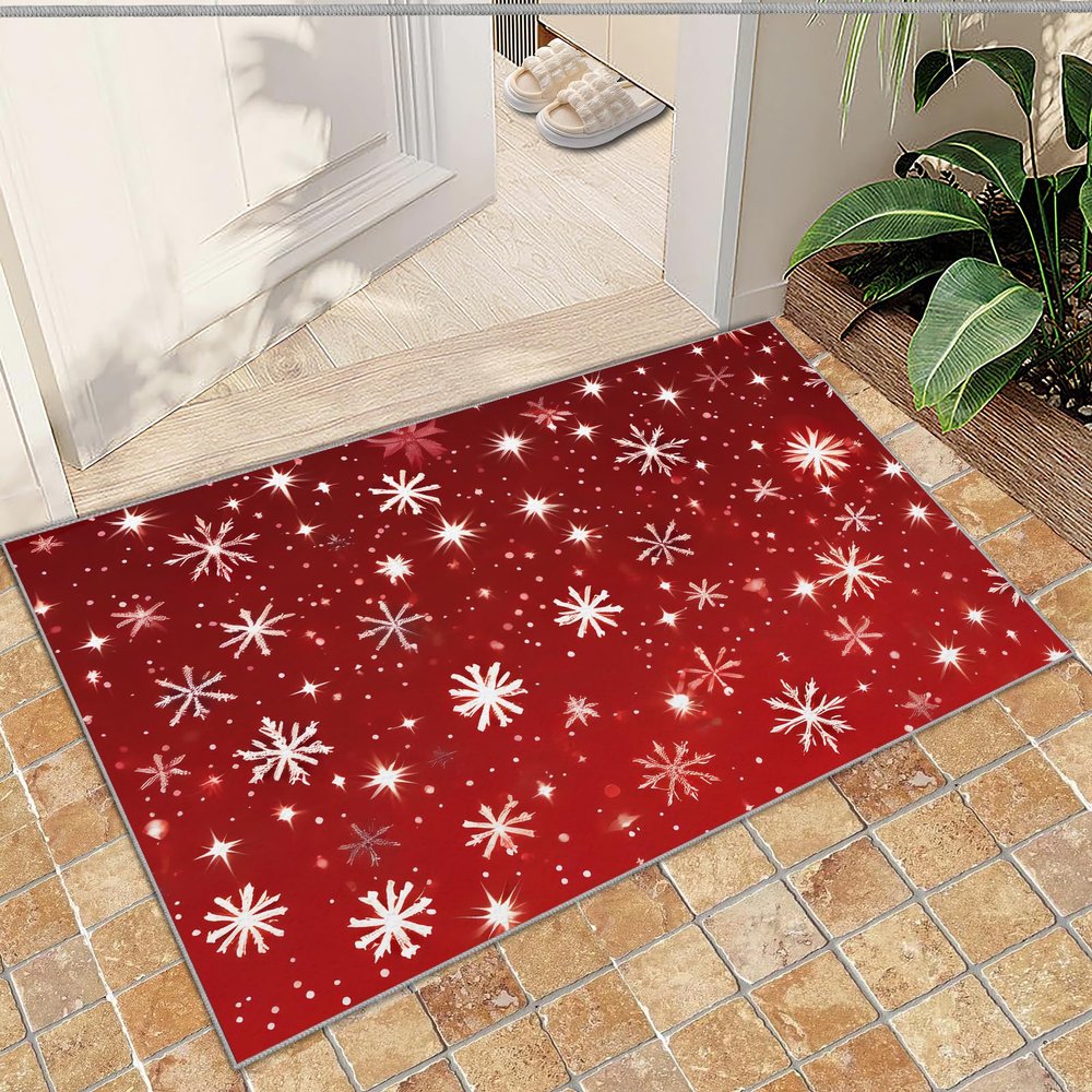 2' x 3' Rug White Snowflake Pattern Area Rug, Red Christmas Decoration Rugs for Living Room, with Anti-Slip Backing Washable Indoor Carpet for Office Dining Room Bathroom