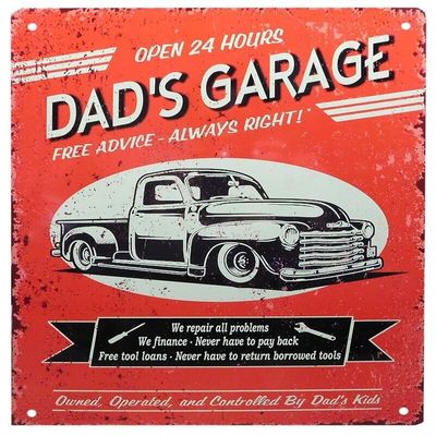 Dad's Garage Open 24 Hours Aluminum Sign, 12 x 16 inches, Vintage Style