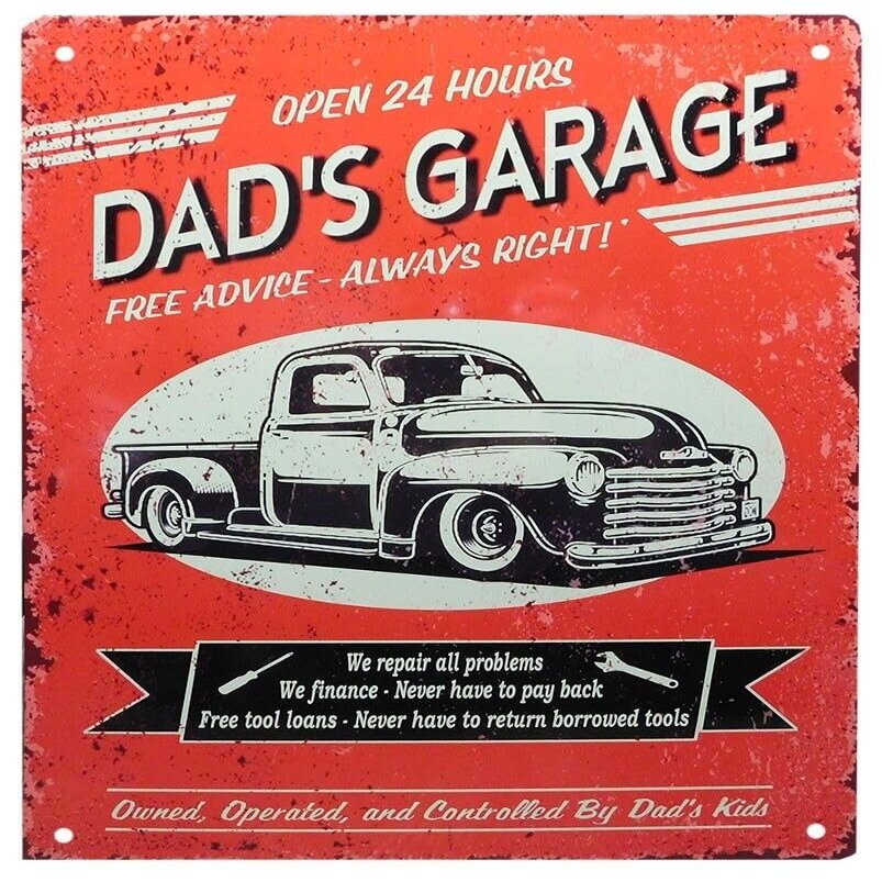 Dad's Garage Open 24 Hours Aluminum Sign, 12 x 16 inches, Vintage Style