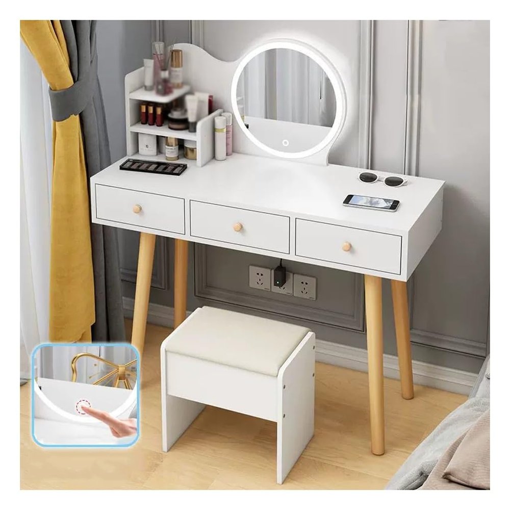 OJDHNJKNJ Dressing Table Writing Desk and Multi-Functional Vanity Table with Round Mirror 3 Drawers for Bedroom Home White Dressing Table with Mirror