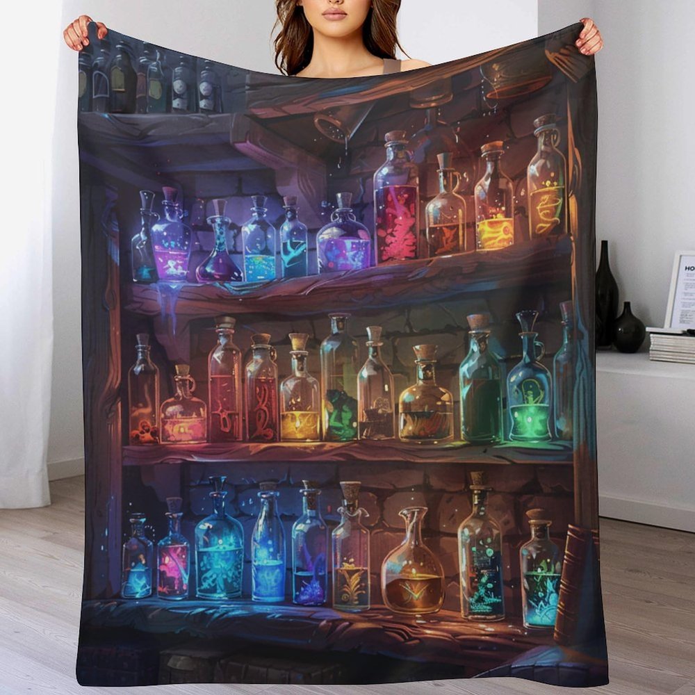 TOWINSFB Colorful Halloween Potion Bottle Flannel Throw Blanket, Soft Lightweight Cozy Warm Cartoon Retro Bookshelf Blanket for Couch Bed Travel- 40"x50"