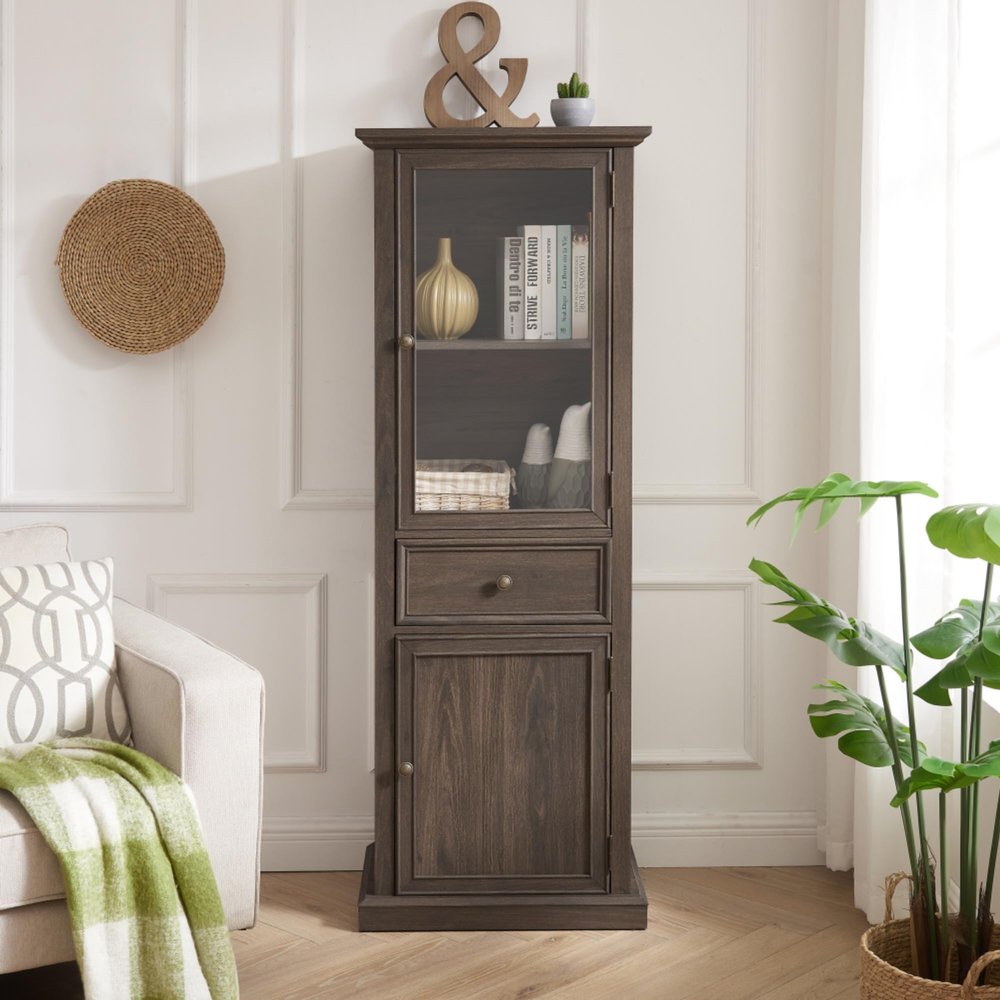 Tall Storage Cabinet with Glass Door, Freestanding Cabinet with Shelves and Drawer, Versatile Storage for Living Room,Kitchen,Dining Room,Office,Minimalist Design,23.6"L x 15.3"W x 64.9"H (Brown)