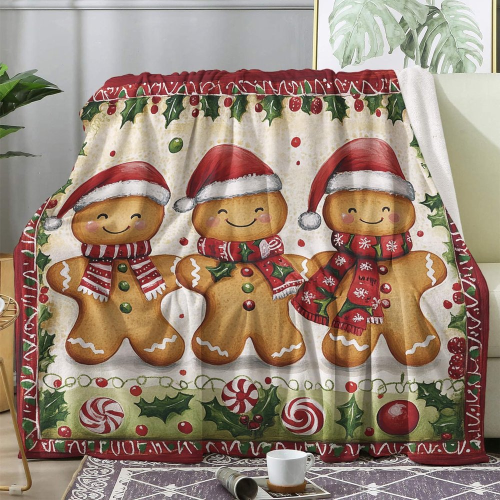 FJWXCBD Christmas Blanket, Cute Gingerbread Fleece Throw Blanket King Size for Couch Bed Sofa, Xmas Holiday Blankets and Throws, Decor & Gifts, Super Soft Plush Flannel Blanket, 108x90