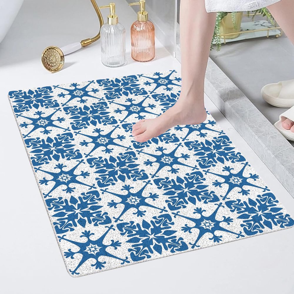 Blue Rectangle Shower Mat, Non Slip Bath Mat, PVC Loofah Shower Floor Mats, 16x40 Bathmat with Floral Pattern, Quick Dry Anti Slip Shower Stall Mat for Bathroom Floor