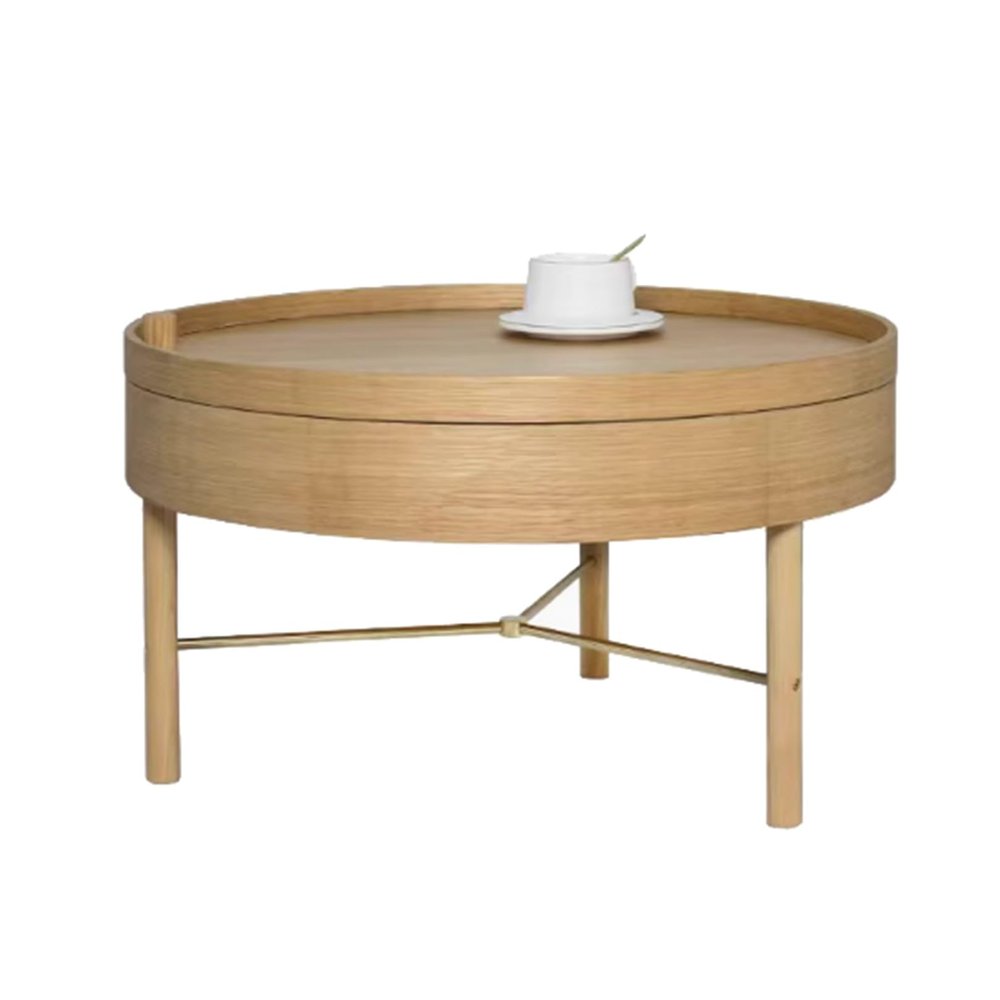 Round Wood Coffee Table Rotating Tray top,Center Tables with Storage,Modern Side Table End Table Dining Table for Living Room(Wood+Gold)