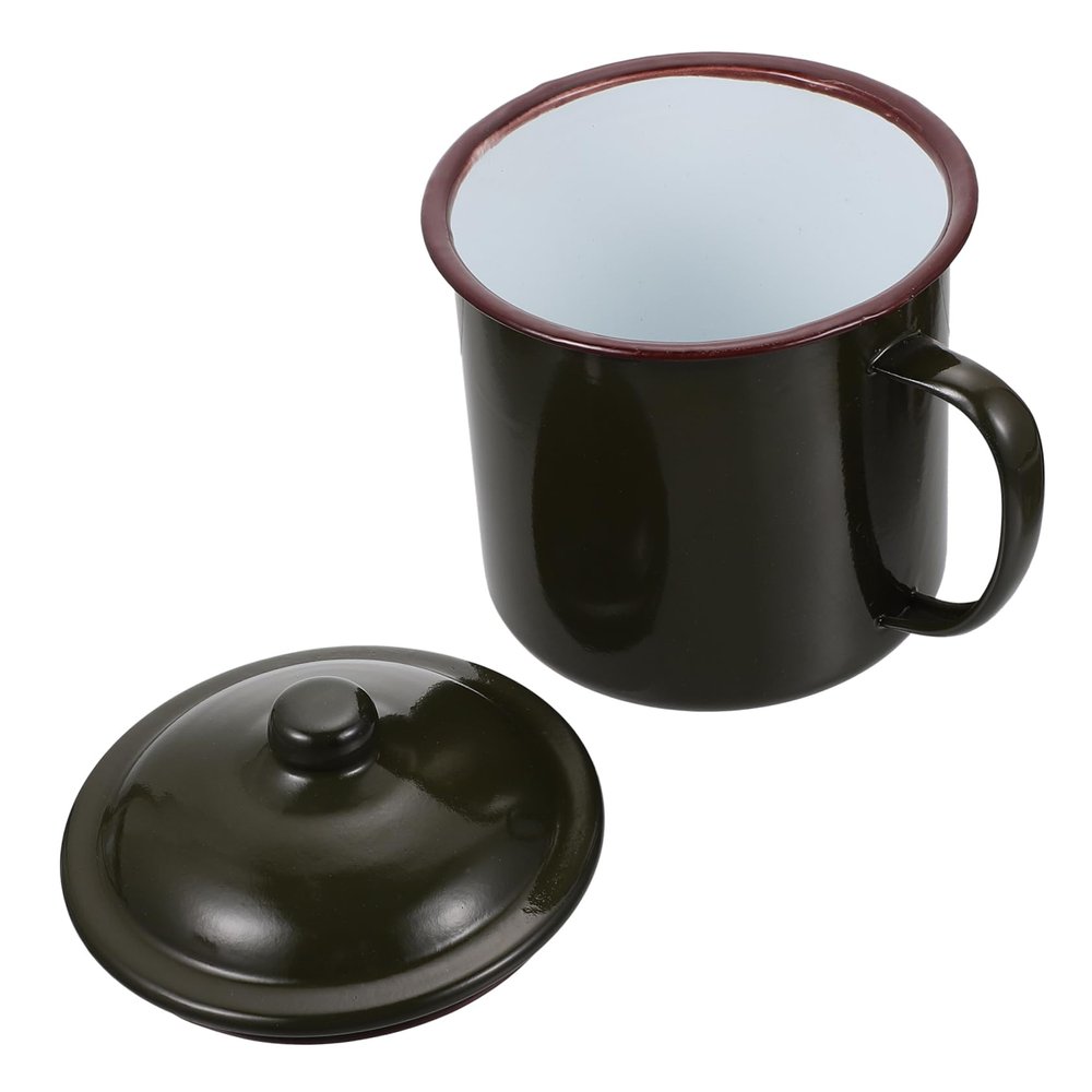 BIUDECO Vintage Enamel Drinking Cup with Lid Retro Metal Tea Mug for Home and Office Use Fall-resistant Design Comfortable Ergonomic Handle for Beverages Tea and More