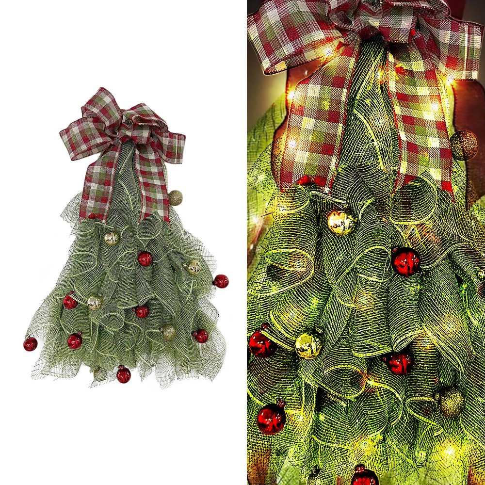 POTRUWE Handmade Silk Christmas Tree Wreath for Front Door, Christmas Wreath Hangers, Large Xmas Tree Flower Front Door Wreath Garland with Ball Ornsments for Xmas Holiday Decor