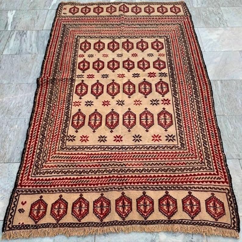 4 x 6 feet Afghan Handmade Adraskan Rug 189x129 cm Mashwani Gul Barjista Design