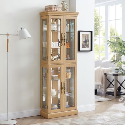 Lighted Glass Curio Cabinet with Lights & Adjustable Shelves,Corner Curio Display Cabinet with Wood Frame (Free Standing,Light Bulb Include)