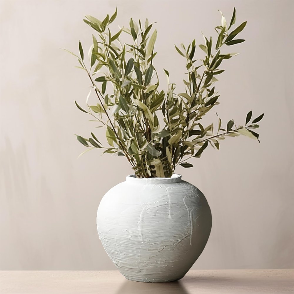 SYDDOL Large White Ceramic Vase, Modern Decorative Vase with Textured Abstract Pattern, Handmade for Home, Office, and Living Room Decoration (20CM)