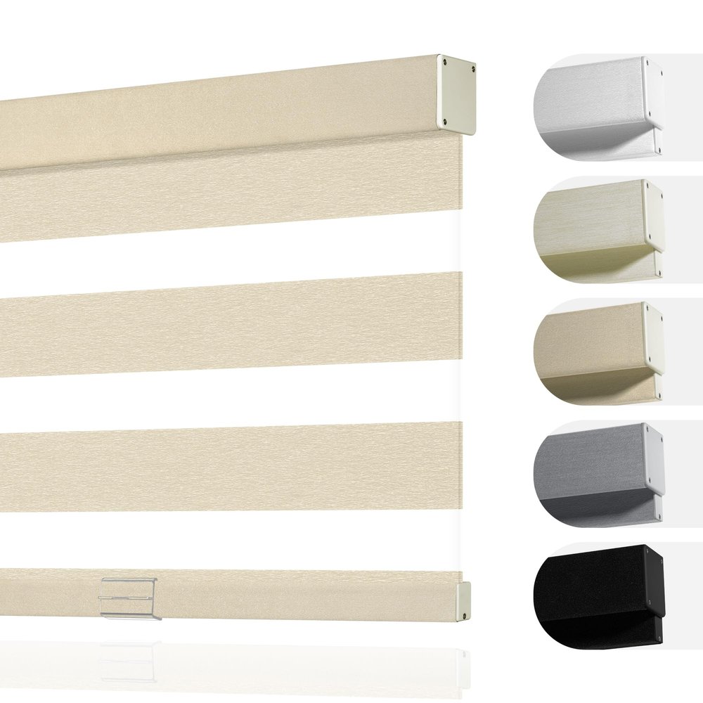Boolegon Zebra Blinds for Windows, Cordless Blinds for Indoor Windows, Dual Layer Roll Up Window Blinds, Blackout Window Shades for Home, Office, Easy to Install, Dark Beige, 29" W x 36" H