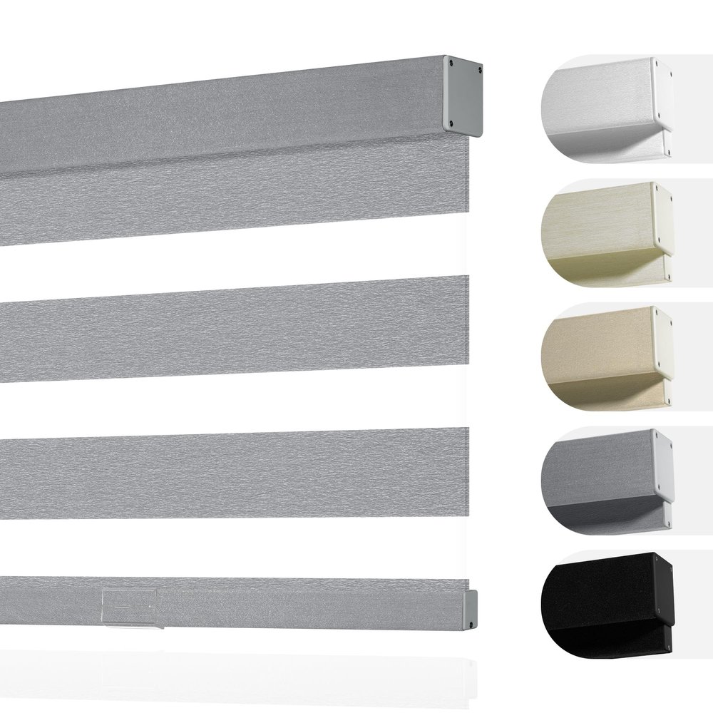 Boolegon Zebra Blinds for Windows, Cordless Blinds for Indoor Windows, Dual Layer Roll Up Window Blinds, Blackout Window Shades for Home, Office, Easy to Install, Grey, 63" W x 56" H