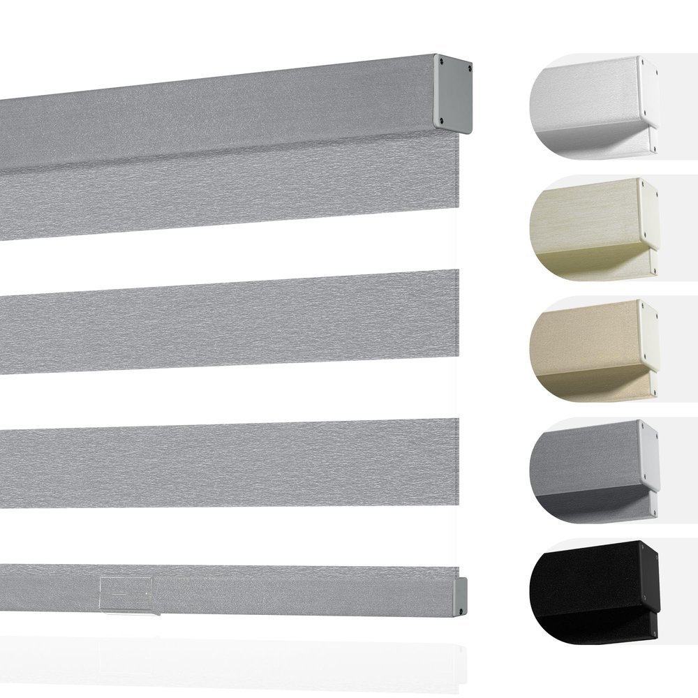 Boolegon Zebra Blinds for Windows, Cordless Blinds for Indoor Windows, Dual Layer Roll Up Window Blinds, Blackout Window Shades for Home, Office, Easy to Install, Grey, 79" W x 64" H