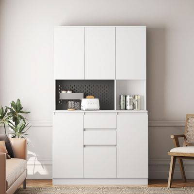 74" Tall Kitchen Hutch Cabinet with Storage, Microwave Pantry Cabinet with Charging Station, Freestanding Buffet Hutch with Coffee Bar for Living Room, Dining Room, Kitchen (Whtie)