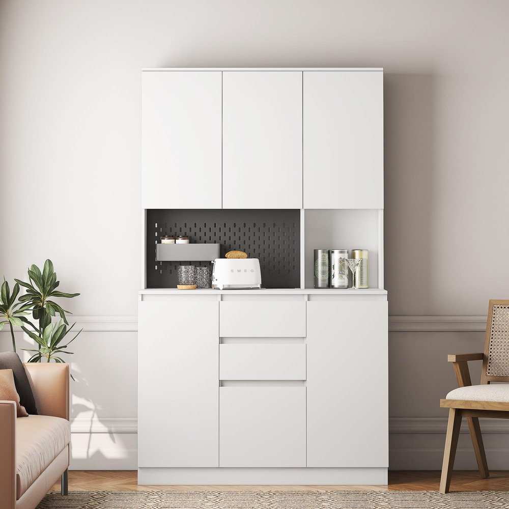 74" Tall Kitchen Hutch Cabinet with Storage, Microwave Pantry Cabinet with Charging Station, Freestanding Buffet Hutch with Coffee Bar for Living Room, Dining Room, Kitchen (Whtie)