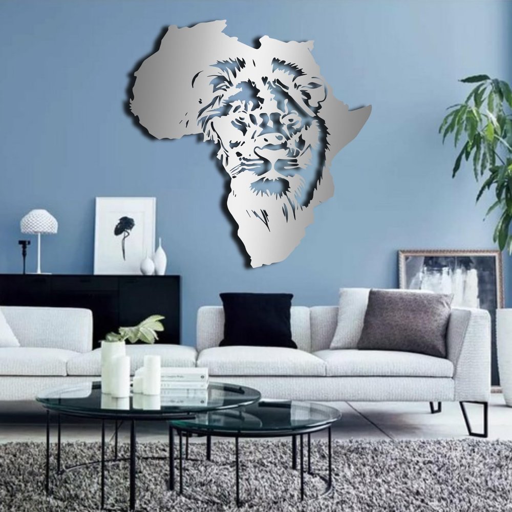 Tawinone Metal Africa Map Wall Art, African Wall Decor, Metal Lion Wall Art, Lion Wall Decor, Wall Decorations for Living Room, Bedroom, Bathroom (Silver, 120117 cm / 4746 in)