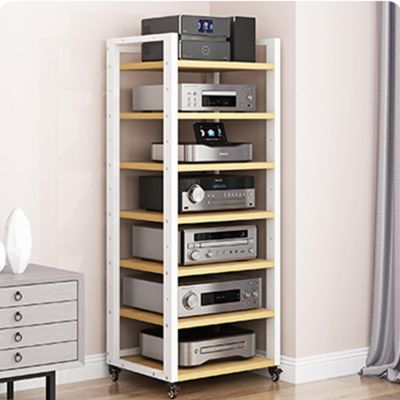 JIXDILO 4-Tier AV Media Stand with Wheels Adjustable Height Wooden Shelves Stereo Component Cabinet Storage Rack Audio Rack Tower for DVD Players Game Console TV Box(7-Tier, White+Wood)