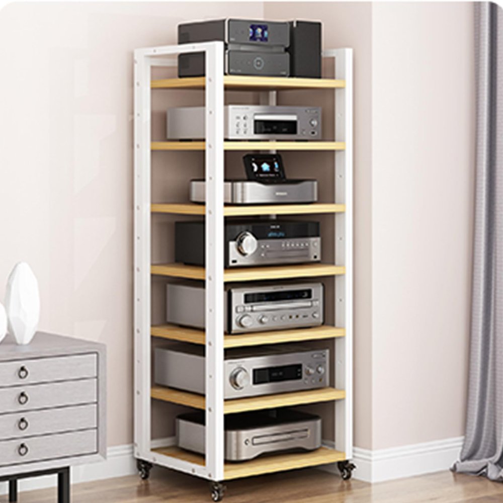JIXDILO 4-Tier AV Media Stand with Wheels Adjustable Height Wooden Shelves Stereo Component Cabinet Storage Rack Audio Rack Tower for DVD Players Game Console TV Box(7-Tier, White+Wood)