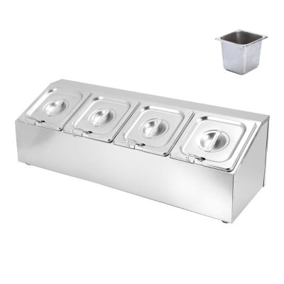 JIXDILO Pizza Topping Station with Pans and Lids, Inclined Stainless Steel Countertop Dispenser Spice Rack, Seasoning Sauce Salad Jam Fruits Ingredients Shelf (Single 4-Grid, 1/6)