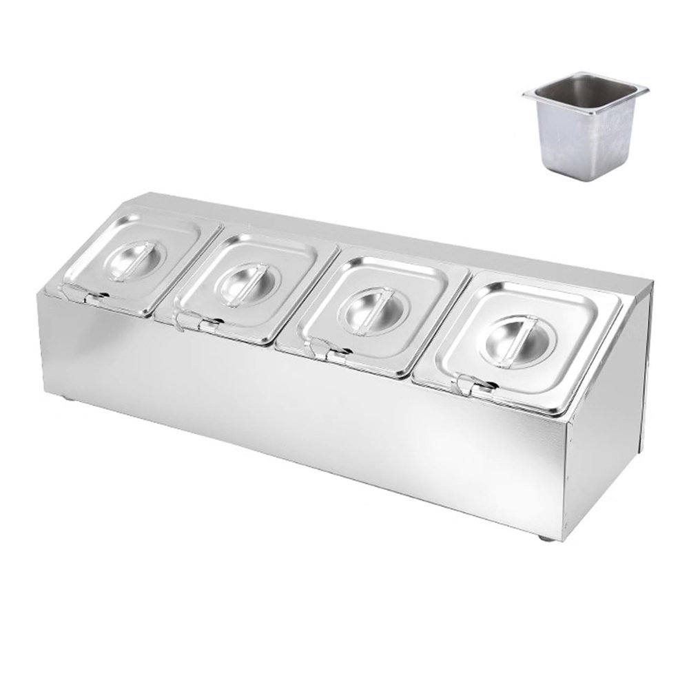 JIXDILO Pizza Topping Station with Pans and Lids, Inclined Stainless Steel Countertop Dispenser Spice Rack, Seasoning Sauce Salad Jam Fruits Ingredients Shelf (Single 4-Grid, 1/6)