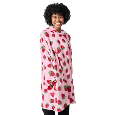 Bioworld Strawberries All-Over Print Pink Long Sleeve Oversized Hoodie Wearable Blanket-OSFA