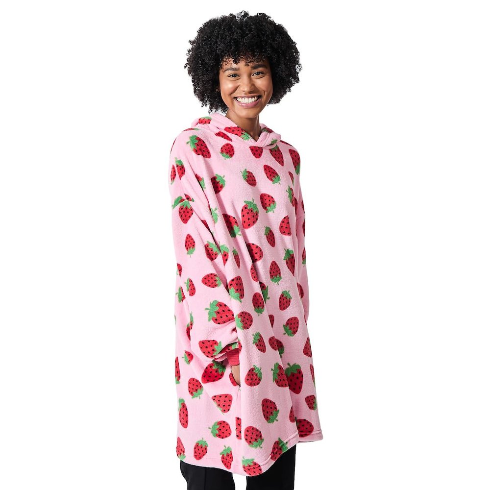 Bioworld Strawberries All-Over Print Pink Long Sleeve Oversized Hoodie Wearable Blanket-OSFA