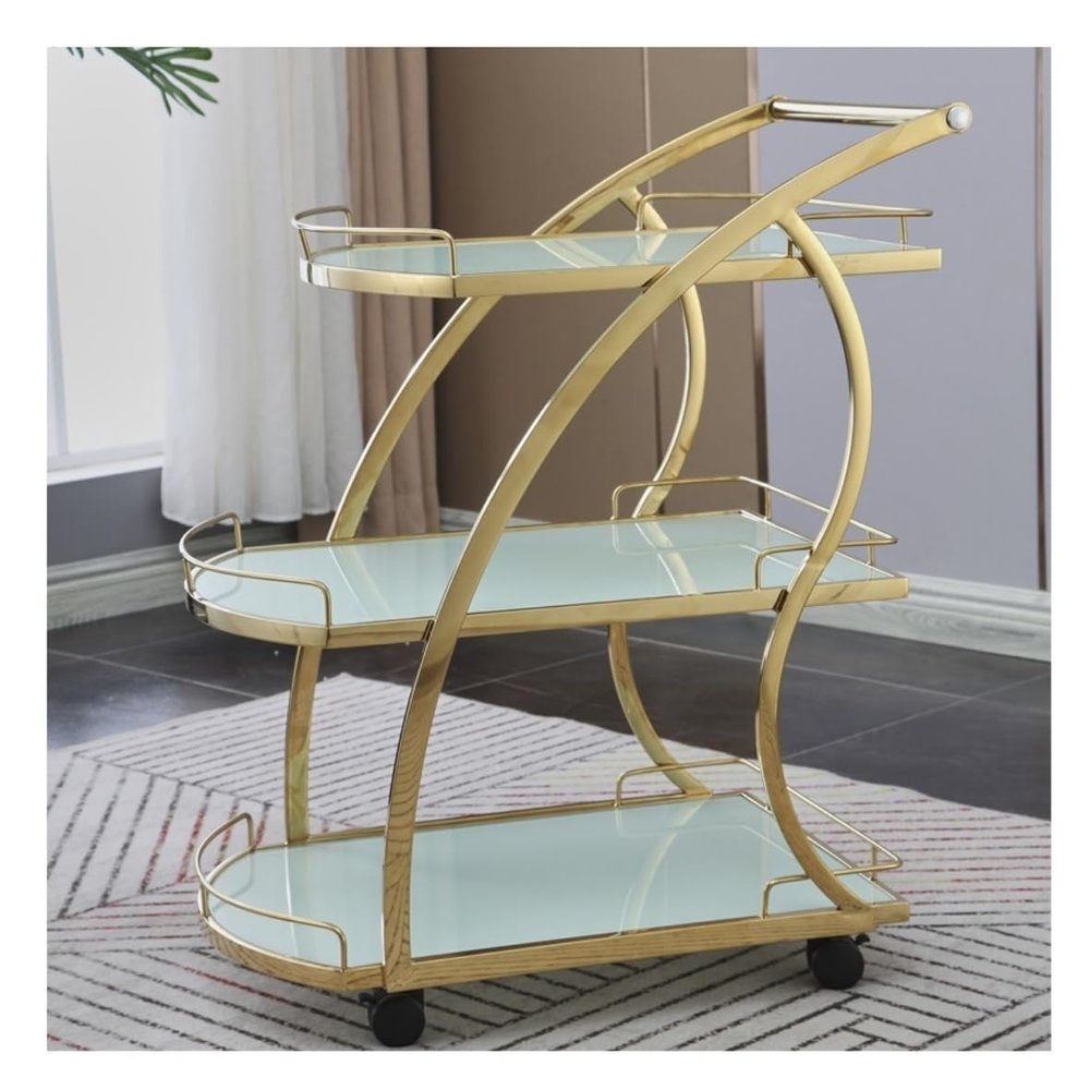 Storage Trolley Rolling Cart Utility Cart 3 Tier Stainless Steel Trolley with Armrests and Wheel Mobile Rolling Cart Home Tempered Glass Kitchen Storage Cart Kitchen Stor,Gold+white-65 * 45 * 84cm