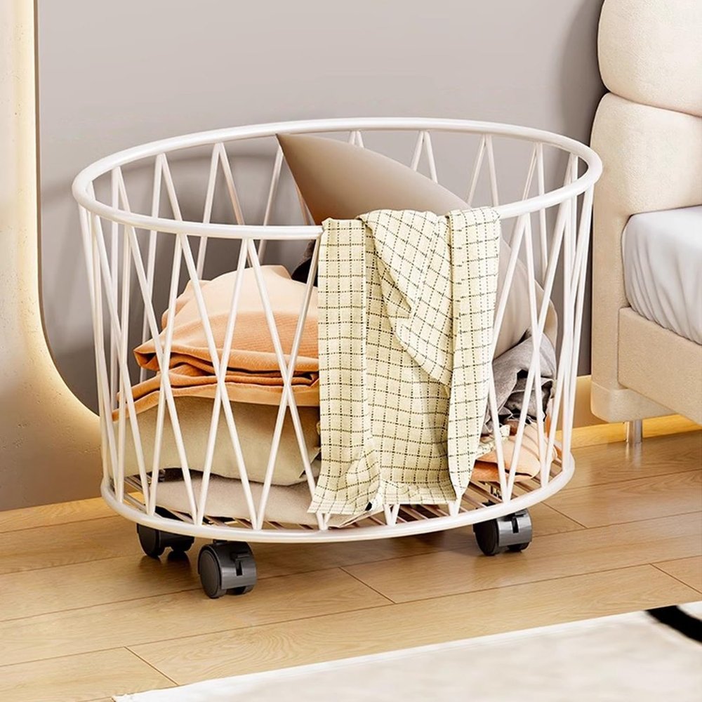 Rolling Laundry Basket with 360 Universal Wheels, Carbon Steel Frame Laundry Cart with Wheels, for Living Room Bedroom Bathroom Balcony(White)
