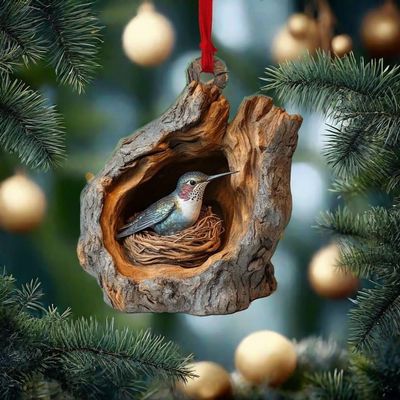 2024 Animal Christmas Ornament Wooden Hanging Pendant for Xmas Tree Keychain Backpack Home Decoration, Forest Animal Statue Art Wall Seasonal Decor (Hummingbird)