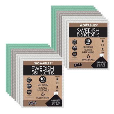 LOLA Swedish Dishcloths for Kitchen 20 Sheets, Biodegradable & Compostable Reusable Paper Towel Cleaning Cloths No Odor Washing Dishes Ultra Absorbent Cellulose Sponge Towel Made in Germany