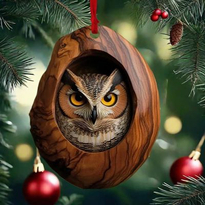 Animal Christmas Ornament Wooden Hanging Pendant for Xmas Tree Keychain Backpack Home Decoration, Forest Animal Statue Art Wall Seasonal Decor (Owl)