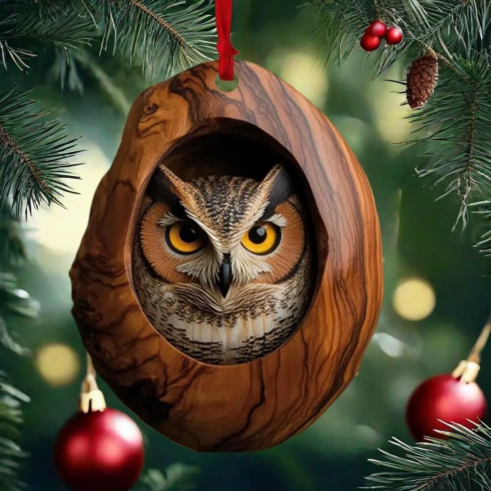 Animal Christmas Ornament Wooden Hanging Pendant for Xmas Tree Keychain Backpack Home Decoration, Forest Animal Statue Art Wall Seasonal Decor (Owl)