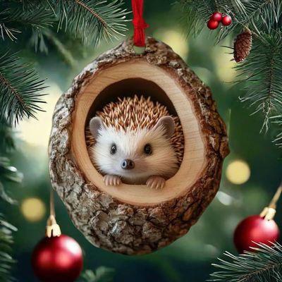2024 Animal Christmas Ornament Wooden Hanging Pendant for Xmas Tree Keychain Backpack Home Decoration, Forest Animal Statue Art Wall Seasonal Decor (Hedgehog)