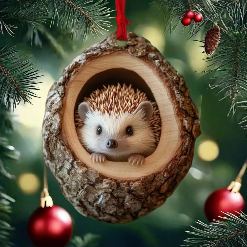 2024 Animal Christmas Ornament Wooden Hanging Pendant for Xmas Tree Keychain Backpack Home Decoration, Forest Animal Statue Art Wall Seasonal Decor (Hedgehog)