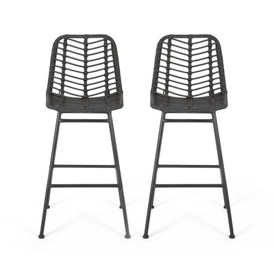 Benzara Barstool, Set of 2, Ratten, Grey, Knitted with Wire