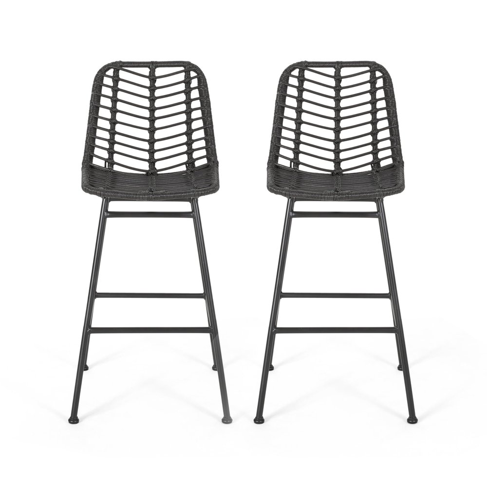 Benzara Barstool, Set of 2, Ratten, Grey, Knitted with Wire