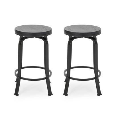 Benjara Lni Swivel Counter Stool Set of 2- Faux Wood Seat w Curved Black Metal