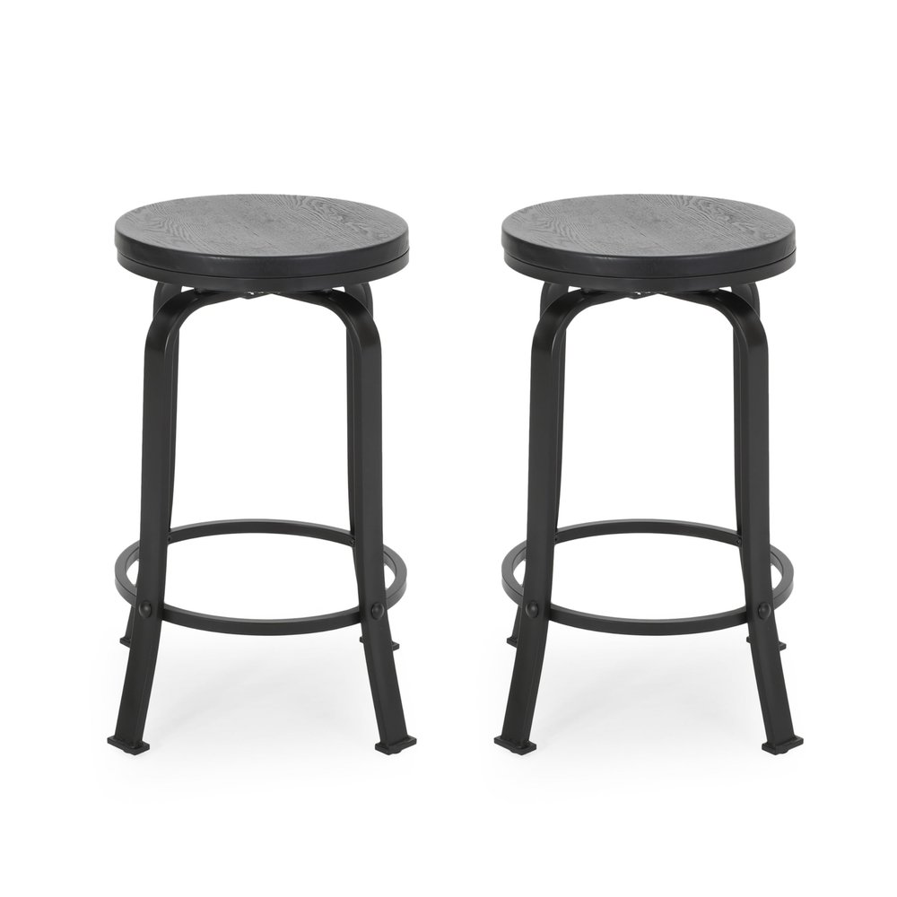 Benjara Lni Swivel Counter Stool Set of 2- Faux Wood Seat w Curved Black Metal