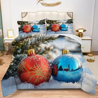 Albideyaa Red Blue Christmas Decorations Balls Comforter Set for Kids Adult Twin Size Pine Tree Branches Snow Scenery Print Bedding Duvet Set New Year Bedroom Quilt Set with 1Pillowcase