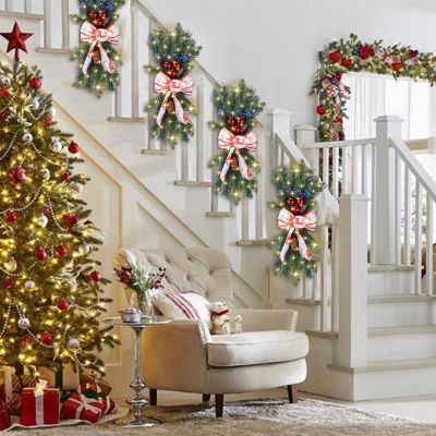 7.5in16in Christmas Garland for Stairs with Led Lights.The Luminous Christmas Wreath Decorated with Pinecones, Bows, and Beads.Can Be Used to Decorate Stairs Or Hung On Both Sides (Green, One Size)